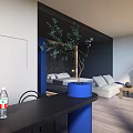 Modern Hotel Guest Room With Blue Decor Fireplace Sofa And Wooden Coffee Table