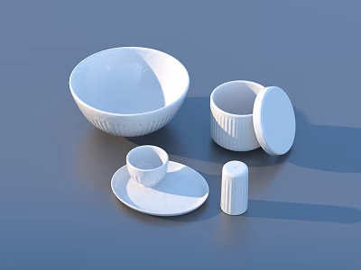 White Ceramic Tableware Set With Large Bowl Lidded Jar Cup Saucer And Shaker 3d model