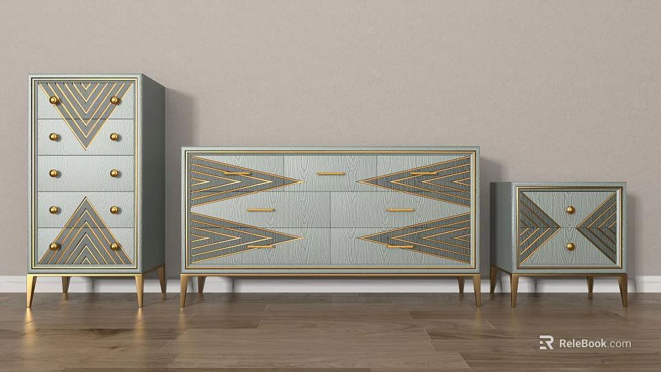 Light Blue Console Cabinets With Gold Geometric Patterns And Drawers On Gold Legs 3d model 