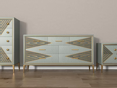 Light Blue Console Cabinets With Gold Geometric Patterns And Drawers On Gold Legs 3d model