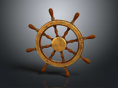 Vintage Wooden Ship Wheel With Brass Center And Classic Design 3d model