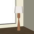 Modern Wooden Floor Lamp With Fabric Shade By Window With Blinds In Interior