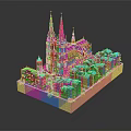 Cartoon Scene Featuring Large Gothic Building With Green Spires And Colorful Houses