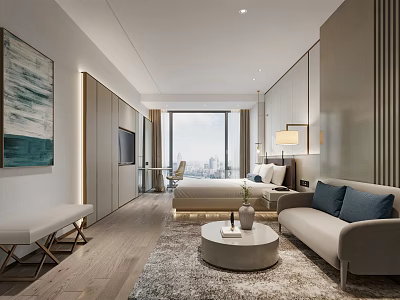 Modern Hotel Guest Room Interior With King Bed Sofa City View Window And Decorative Painting 3d model