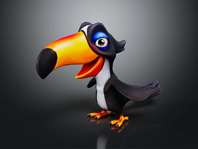 Cute Cartoon Toucan Game or Movie Character With Large Beak Blue Eyes and Orange Claws 3d model