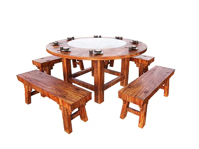 Rustic Natural Wooden Round Dining Table Set With Matching Benches For Home 3d model