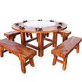 Rustic Natural Wooden Round Dining Table Set With Matching Benches For Home