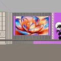 Modern TV Background Wall with Vibrant Lotus Pattern Painting Round Mirror and Green Plant