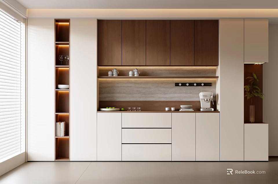 Modern Sideboard Design With White Brown Cabinets Drawers Countertop And Coffee Machine 3d model 