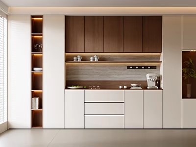 Modern Sideboard Design With White Brown Cabinets Drawers Countertop And Coffee Machine 3d model