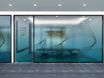 Modern Office Glass Partition With Company Name And Wavy Line Design For Contemporary Workplace Interior 3d model