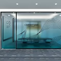 Modern Office Glass Partition With Company Name And Wavy Line Design For Contemporary Workplace Interior