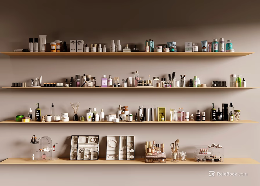 Organized Perfumes and Cosmetics Shelf Display With Various Beauty Products 3d model 