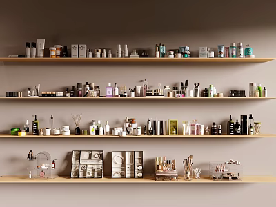 Organized Perfumes and Cosmetics Shelf Display With Various Beauty Products 3d model