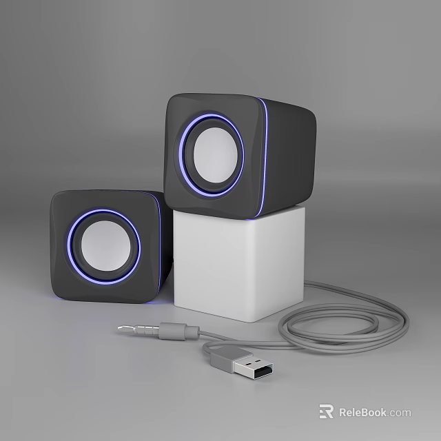 Black Cube Shaped Speakers with Blue Ring Lights on White Cube Base and USB Cable 3d model 