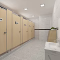Public Toilet Exterior View With Beige Walls Front Green Shrubs Against Urban Tall Buildings