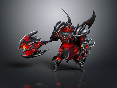 Horned Demon Warrior Creature With Black Red Spiked Armor And Giant Flame Axe 3d model