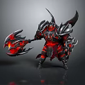 Horned Demon Warrior Creature With Black Red Spiked Armor And Giant Flame Axe