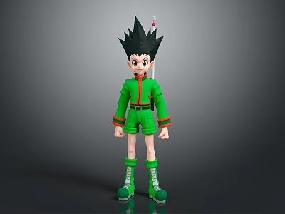 Anime Game Character With Black Spiky Hair Green Outfit Red Accents Green Shorts Green Boots 3d model