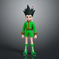 Anime Game Character With Black Spiky Hair Green Outfit Red Accents Green Shorts Green Boots