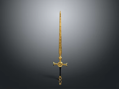 Golden Ornate Sword With Intricate Hilt Design Vertical Placement On Gray Background 3d model
