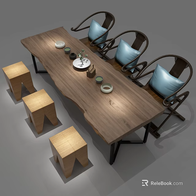 Natural Wooden Tea Table And Chairs With Matching Stools Tea Sets And Green Plant 3d model 