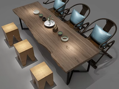 Natural Wooden Tea Table And Chairs With Matching Stools Tea Sets And Green Plant 3d model