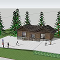 Wooden Log Cabin Exterior With Tiled Roof Two People Stone Wall Mountain Background And Trees