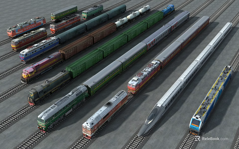Various Types of Trains Parked on Railway Tracks with Different Colors and Models 3d model 