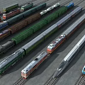 Various Types of Trains Parked on Railway Tracks with Different Colors and Models