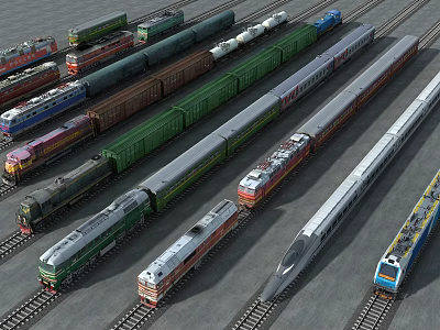Various Types of Trains Parked on Railway Tracks with Different Colors and Models 3d model