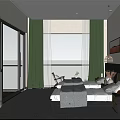 Spacious Hotel Guest Room With Two Beds Green Curtains Large Windows And Concrete Floor