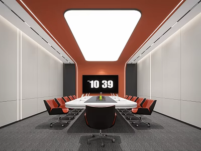 Modern Conference Room Interior Design With Orange Chairs White Table And Large Screen 3d model