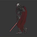 Game Movie Character in Armored Suit With Red Cape and Red Lightsaber Standing Pose