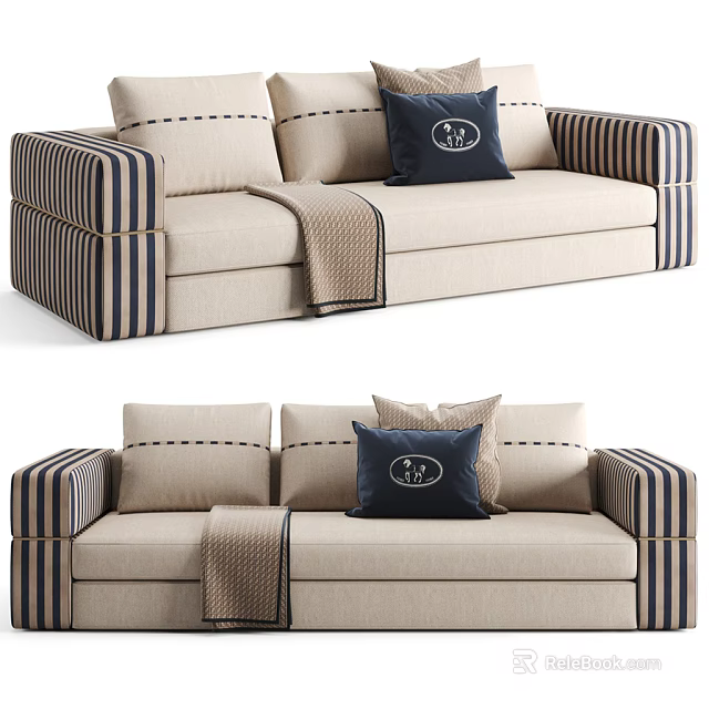 Stylish Beige Sectional Sofa With Striped Armrests Decorative Pillows And Throw Blanket 3d model 
