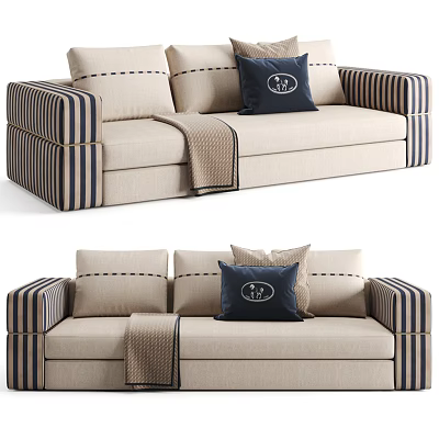 Stylish Beige Sectional Sofa With Striped Armrests Decorative Pillows And Throw Blanket 3d model