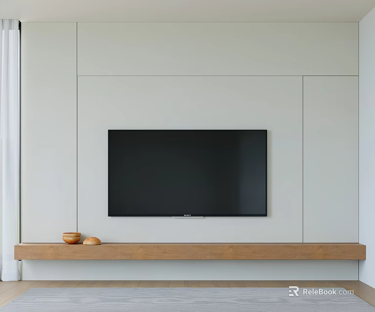 Minimalist White TV Wall Design With Mounted TV And Wooden Shelf 3d model 