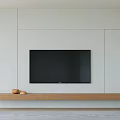 Minimalist White TV Wall Design With Mounted TV And Wooden Shelf