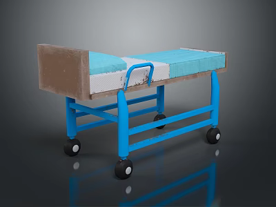 Patient Transport Trolley With Blue Frame Brown And Blue Mattress And Rolling Wheels 3d model