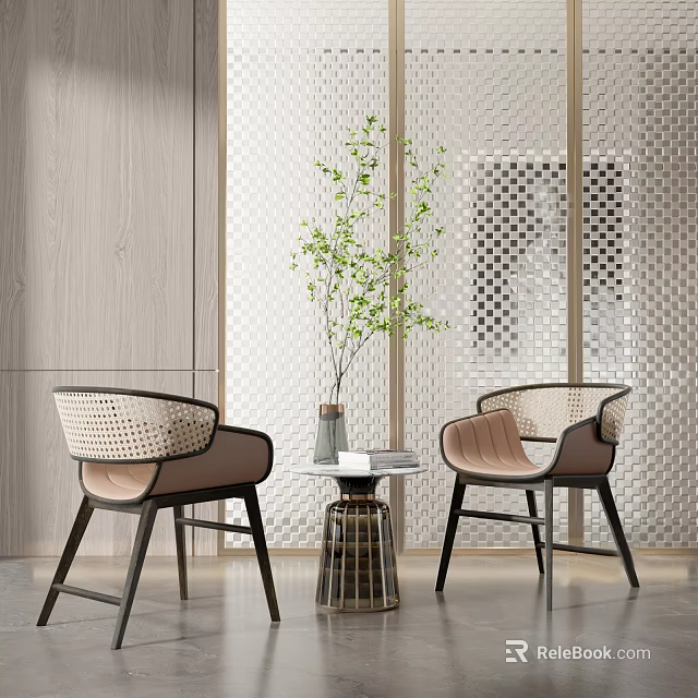 Modern Leisure Sofa Set With Woven Leather Seats Wooden Frame And Green Plant Accent 3d model 