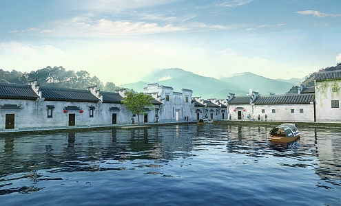 Huizhou Architecture Ancient Architecture Huizhou Waterscape Along the Lake Landscape Boat Jiangnan Mist Rain 3d model