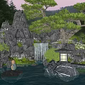 Rockery Stones as Centerpiece in Serene Garden with Waterfall Pond Pine Tree and Stone Lantern
