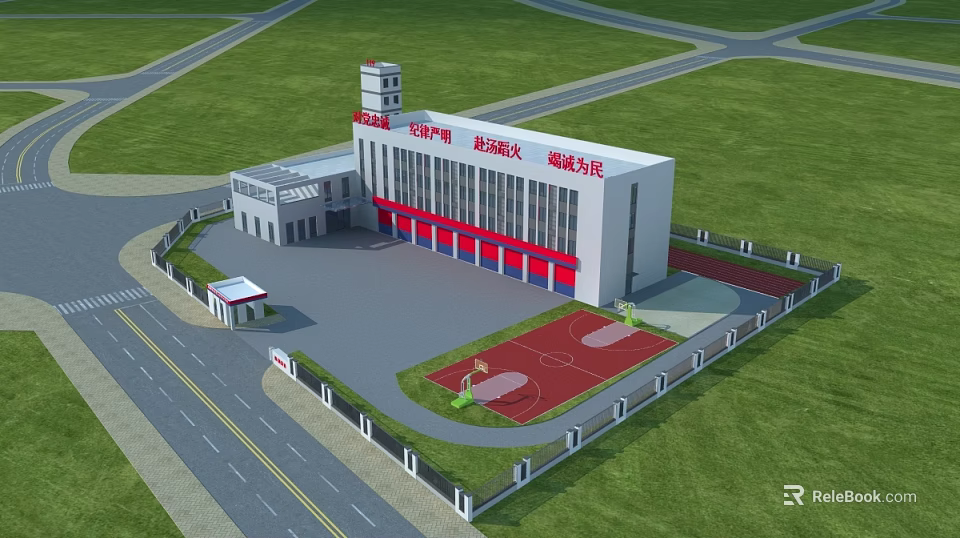 Modern Fire Station Building With Training Tower Basketball Court And Green Lawn 3d model 