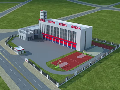 Modern Fire Station Building With Training Tower Basketball Court And Green Lawn 3d model