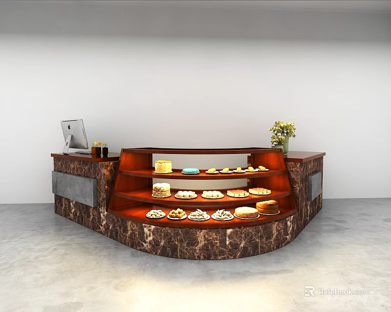 Modern Reception Counter With Marble Pattern Dessert Display Shelves Laptop And Flower Vase 3d model 