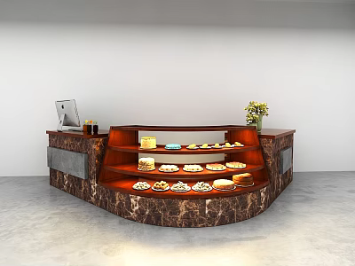 Modern Reception Counter With Marble Pattern Dessert Display Shelves Laptop And Flower Vase 3d model