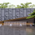 Modern Scenic Feature Wall Design With Textured Stone Water Fountain And Green Trees