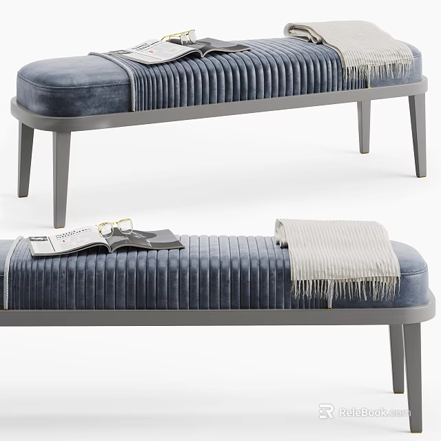 Navy Blue Velvet Ottoman Bench With Vertical Tufted Gray Legs and Cozy Blanket on Top 3d model 