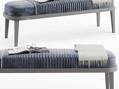 Navy Blue Velvet Ottoman Bench With Vertical Tufted Gray Legs and Cozy Blanket on Top 3d model