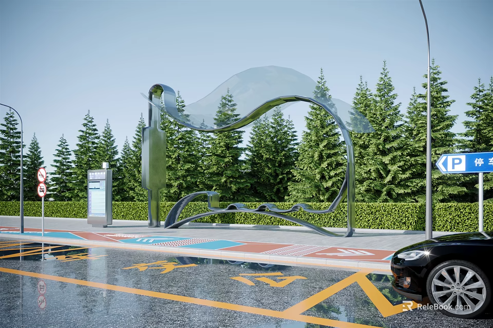 Modern Station Exterior With Green Trees Sculpture Parking Space And Road Markings 3d model 
